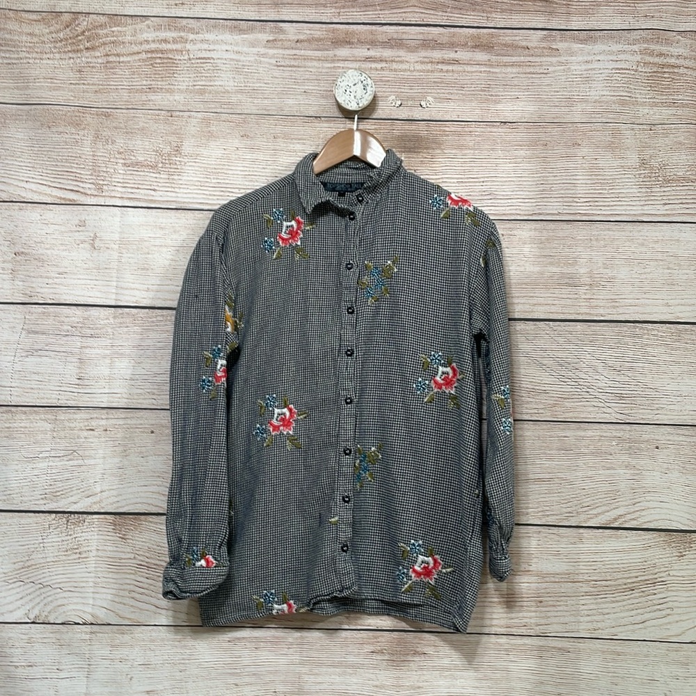 Topshop Tall 6 Houndstooth Long Sleeve Button Down Floral Embroidered Shirt